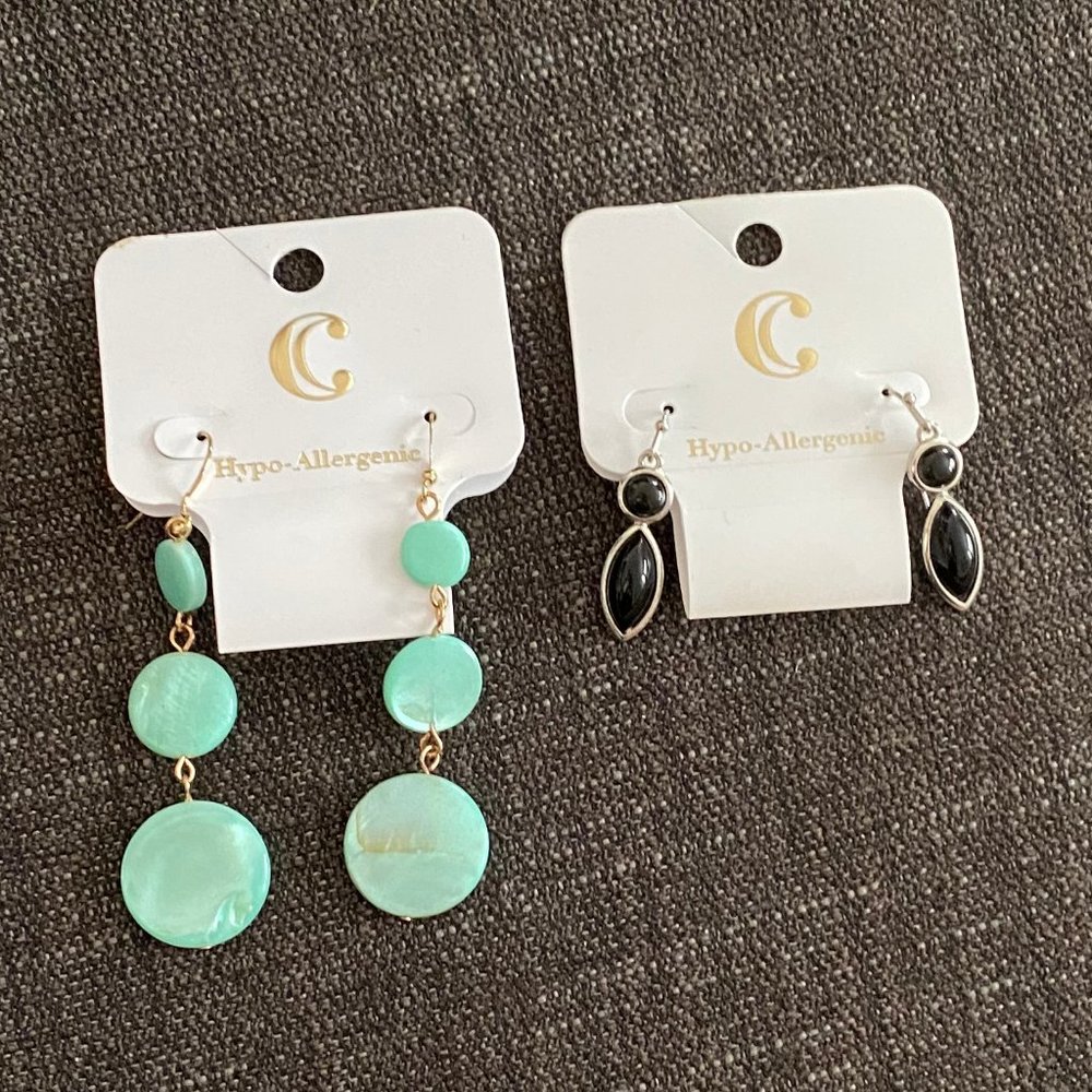 2 pair of Earrings, Black dangle pair, Mint Green dangle pair, New with tag